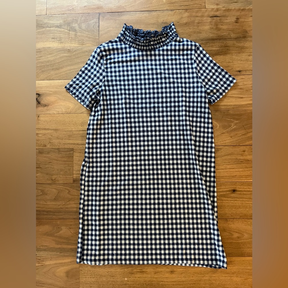 Blue and white mini gingham shift dress